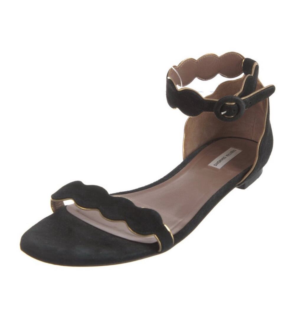 Tabitha Simmons Black Suede Scalloped Design Ankle Buckle Flat Sandal Size 10.5